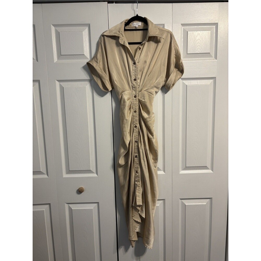 Mable button up short sleeve collar tie back layered midi dress women’s small